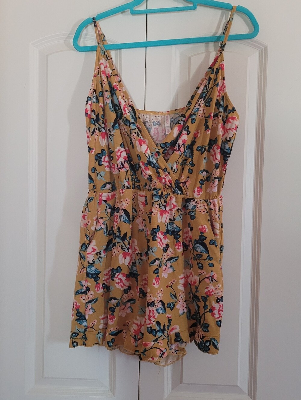 Mustard Floral Spaghetti-Strap Romper